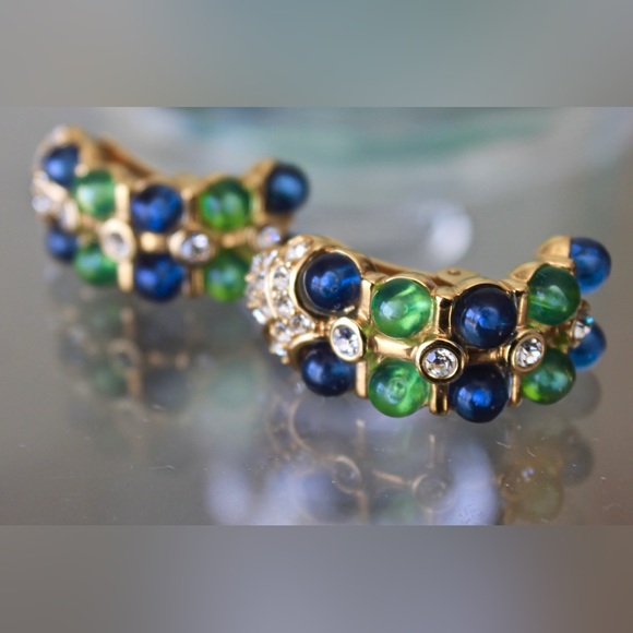 NOLAN MILLER EARRINGS CLIP ON GREEN BLUE VINTAGE 1980’s GOLD - Picture 5 of 8